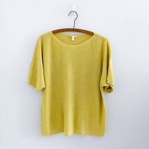 Eileen Fisher Organic Linen Fine Knit Mustard Yellow Short Sleeve Sweater L